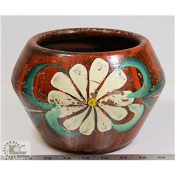 127) HAND PAINTED FLORAL CLAY POT SIGNED FROM