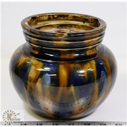 16) BLUE AND BROWN GLAZED POT SIGNED E, 7"X6".