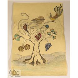 115) MARY BORGSTROM HAND DRAWN TREE WITH BIRD.