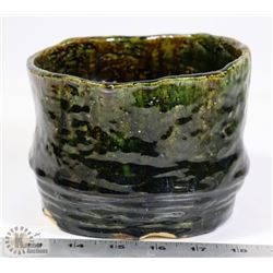 5) GREEN GLAZED POT SIGNED ES, 6"X4"