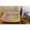 Image 1 : LOT OF 3 MISC HOUSEHOLD (MATERIAL LINE REED BASKET 12" X 8.5" X 4") *BRASS CONTAINER 5"H X 3.5" DIAM