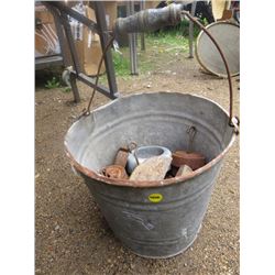 LOT OF WEIGHTS AND STEEL PAIL (GALVANIZED)