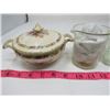 Image 2 : LOT OF ASSORTED GLASS ITEMS ( SUGAR BOWL, EGG HOLDER, PUREX BEAKER, CANDLE HOLDER, GLASS JAR WITH LI