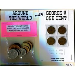 LOT INCLUDING 10 WORLD COINS AND 4 GEORGE V ONE CENT COINS (10 COINS FROM AROUND THE WORLD) *1928, 1