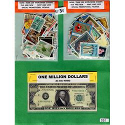 LOT INCLUDING 2 -100 STAMP PACKAGES AND NOVELTY MILLION DOLLAR BILL