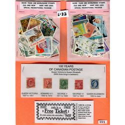 LOT INCLUDING 2-100 STAMP PACKAGES AND 5 STAMPS REPRESENTING 100 YEARS OF CANADA POSTAGE