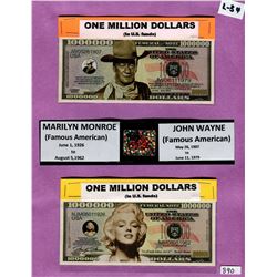 LOT OF 2 TOKEN MILLION DOLLAR BILLS ( JOHN WAYNE, MARILYN MONROE)