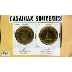 LOT OF 2 CANADIAN SOUVENIR COINS (1967 SASKATOON DOLLAR, 1954 EDMONTON COIN CLUB)