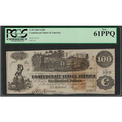 1862 $100 Confederate States of America Note T-39 PCGS New 61PPQ