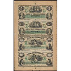 Uncut Sheet of $5/$5/$10/$10 State of South Carolina Obsolete Notes
