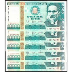 Lot of (5) 1988 Peru Diez Mil Intis Uncirculated Bank Notes