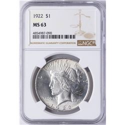 1922 $1 Peace Silver Dollar Coin NGC MS63