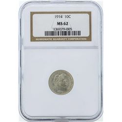 1914 Barber Silver Dime Coin NGC MS62