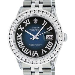 Rolex Mens Stainless Steel Blue Vignette Roman Diamond Datejust Wristwatch