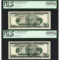 (2) Consec. 1996 $20 Federal Reserve Offset ERROR Notes PCGS Choice About New 55