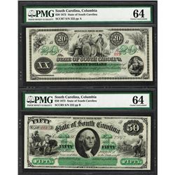 Matching Fancy Serial 1872 $20 & $50 South Carolina Obsolete Notes PMG Choice Un