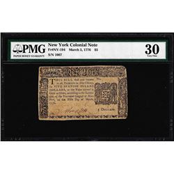 March 5, 1776 $5 New York Colonial Currency Note Fr. NY-194 PMG Very Fine 30