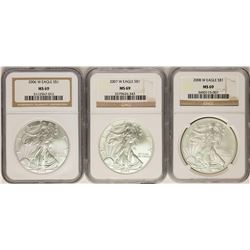 Lot of 2006-W to 2008-W $1 American Silver Eagle Coins NGC MS70