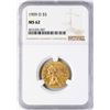 Image 1 : 1909-D $5 Indian Head Half Eagle Gold Coin NGC MS62