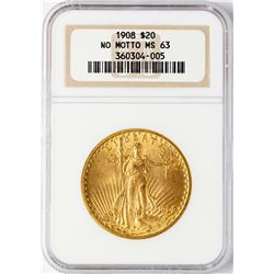 1908 NM $20 St. Gaudens Double Eagle Gold Coin NGC MS63