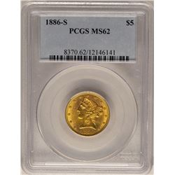 1886-S $5 Liberty Head Half Eagle Gold Coin PCGS MS62