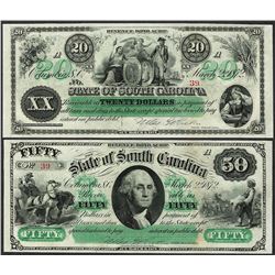 Lot of 1872 $20 & $50 State of South Carolina Revenue Bond Obsolete Notes