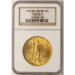 1908 No Motto $20 St. Gaudens Double Eagle Gold Coin NGC MS62