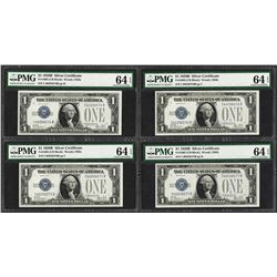 (4) Consecutive 1928B $1 Funnyback Silver Certificate Notes PMG Choice Unc. 64EP