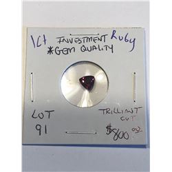 Beautiful Investment *GEM QUALITY* 1.00 Carat RUBY Trilliant Cut
