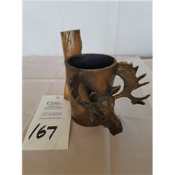Cast bronze American moose mug w/wood handle