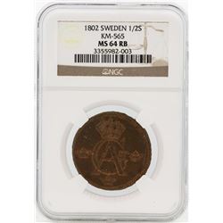 1802 Sweden 1/2 Skilling Coin NGC MS64RB