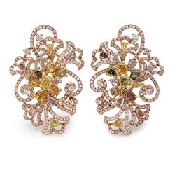 18k Three Tone Gold 6.29CTW Multicolor Dia and Pink Diamond and Diamond Earring,