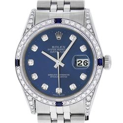 Rolex Mens Stainless Steel Diamond Lugs Blue Diamond & Sapphire Datejust Wristwa