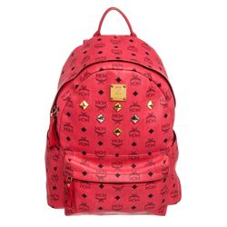 MCM Red Visetos Coated Canvas Leather Trim Studded Stark Medium Backpack