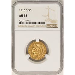 1916-S $5 Indian Head Half Eagle Gold Coin NGC AU58