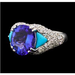 5.47 ctw Tanzanite, Turquoise and Diamond Ring - 14KT White Gold