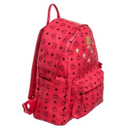 MCM Red Visetos Coated Canvas Leather Trim Studded Stark Medium Backpack