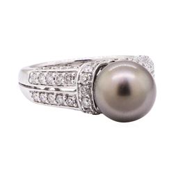 0.86 ctw Tahitian Pearl and Diamond Ring - 14KT White Gold