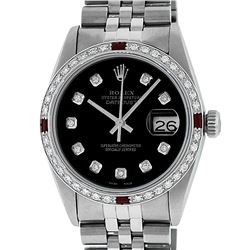 Rolex Mens Stainless Steel Black Diamond & Ruby Datejust Wristwatch