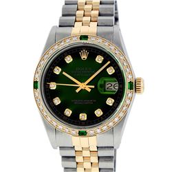 Rolex Mens 2 Tone 14K Green Vignette Diamond & Emerald Datejust Wristwatch