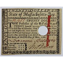 5-5-1780 $20 MASSACHUSETTES COLONIAL