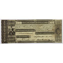 1833 $100 OBSOLETE BOSTON FRANKLIN BANK