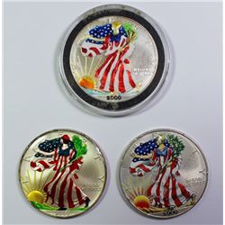 3 COLORIZED AMERICAN SILVER EAGLES