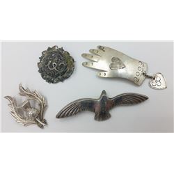 4 STERLING BROOCHES