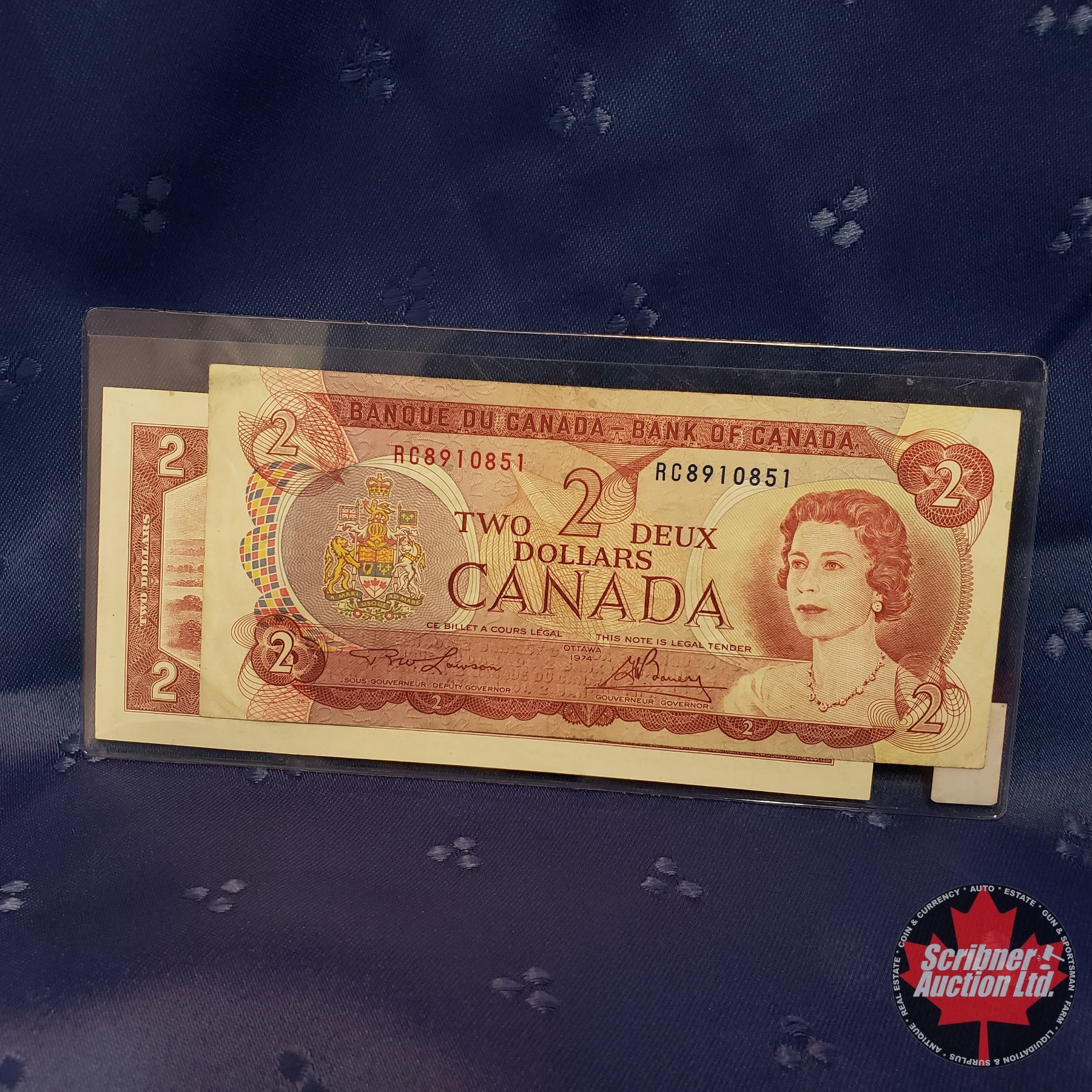 Canada $2 Bills (2): 1954 S/N# GG5049918 & 1974 S/N#RC8910851