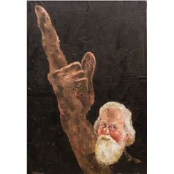 American/Canadian Oil on Board Man Pointing at Sky