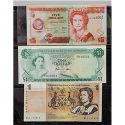 3 Assorted Belize, Bahamas and Australia Banknotes