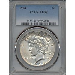 1928 $1 Peace Silver Dollar Coin PCGS AU58