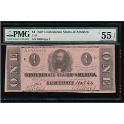 1862 $1 Confederate States of America Note PMG 55EPQ