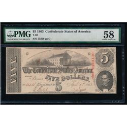1863 $5 Confederate States of America Note PMG 58